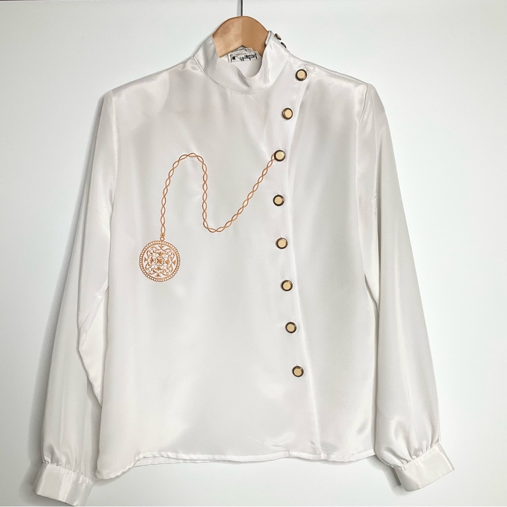 Vintage Mariani Embroidered Blouse SZ 8 Sophisticated Feminine Neutral Timeless